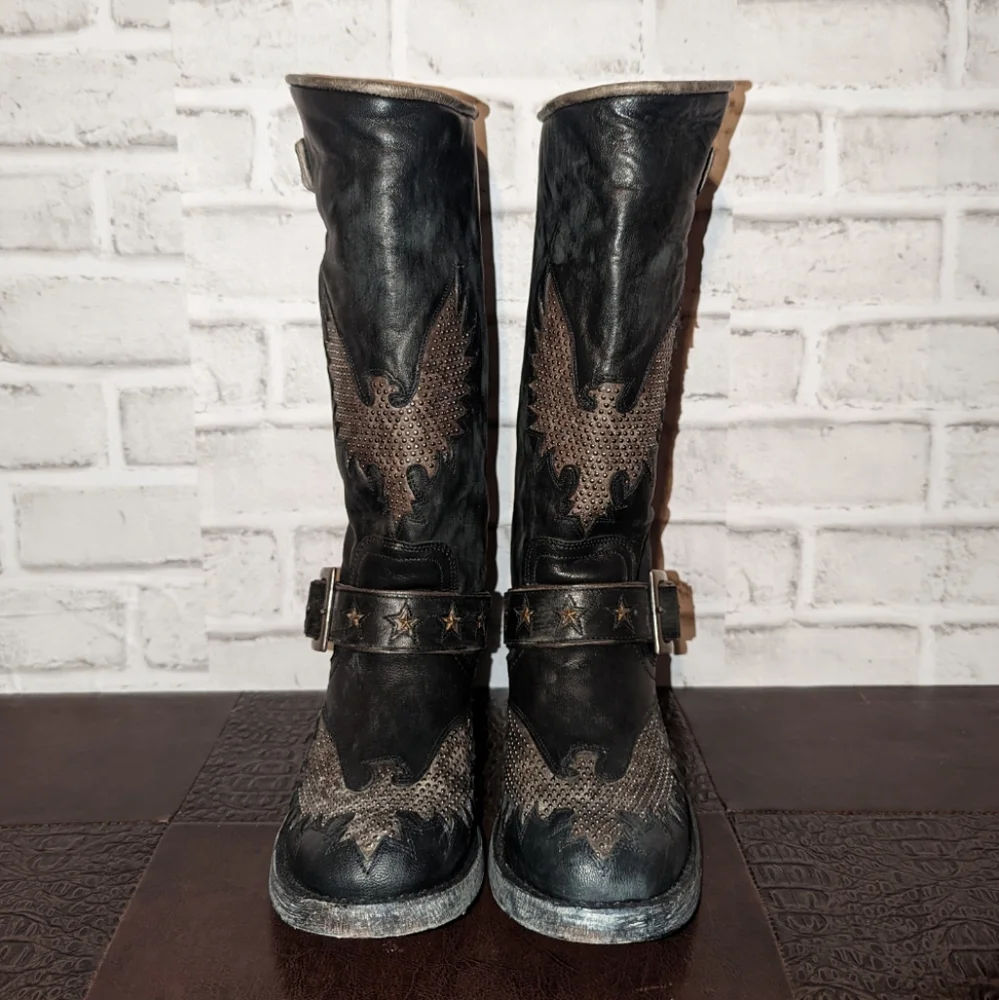 NEW Old Gringo Iron Eagle Black Distressed Riveted Biker Boots size 6.5 - Picture 4 of 13